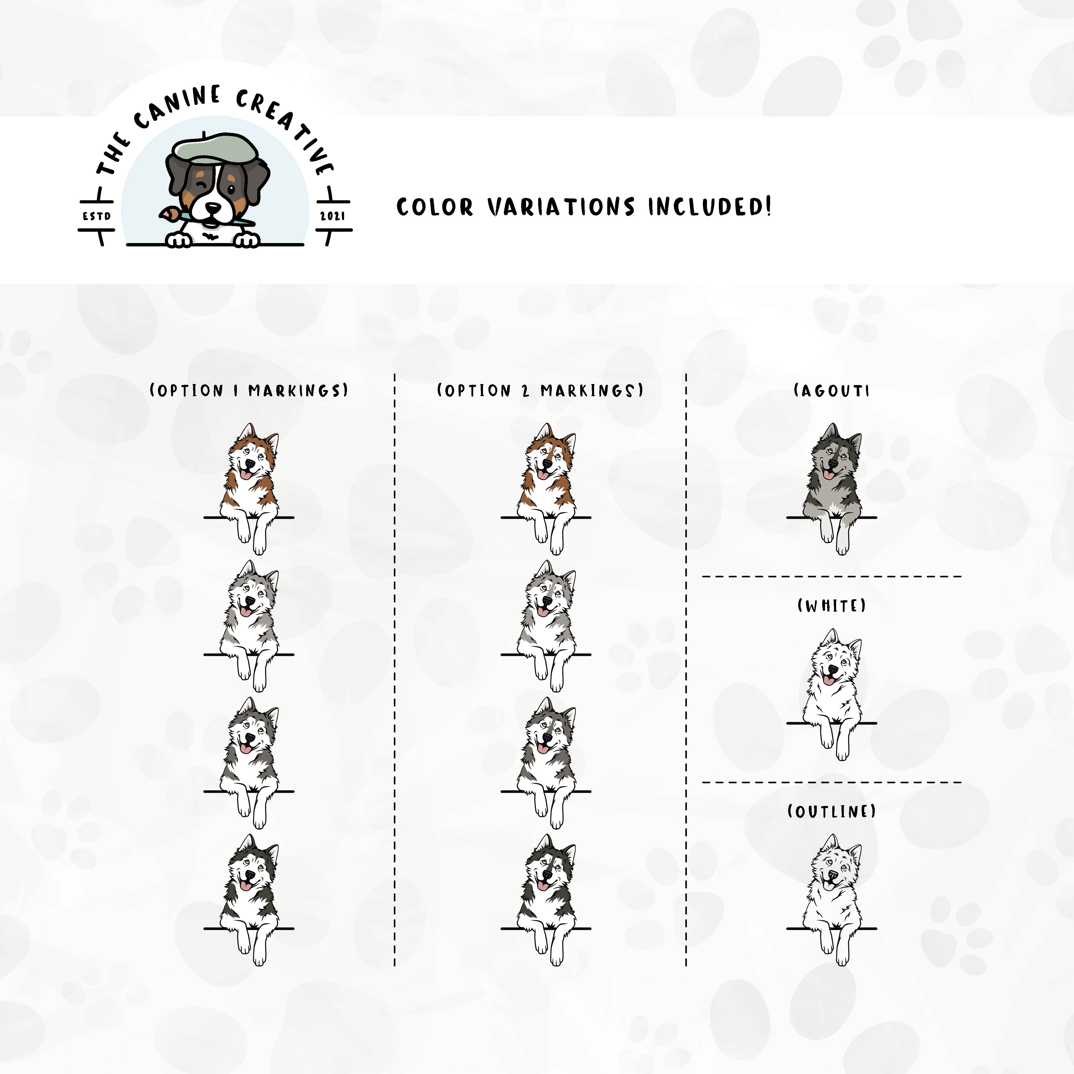Dog color variations for this design set includes common color and marking variations found in Alaskan Malamutes (bi-color, Agouti, and white), as well as an outline option.